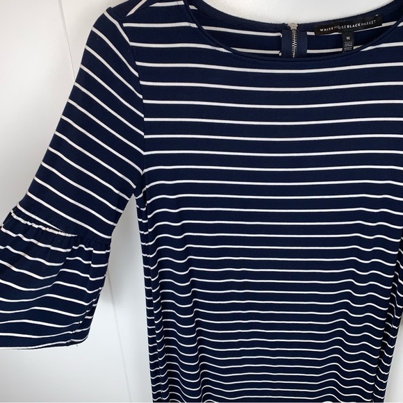 White House | Black Market Navy Blue White Striped 3/4 Bell Sleeve Dress sz M - Picture 3 of 8